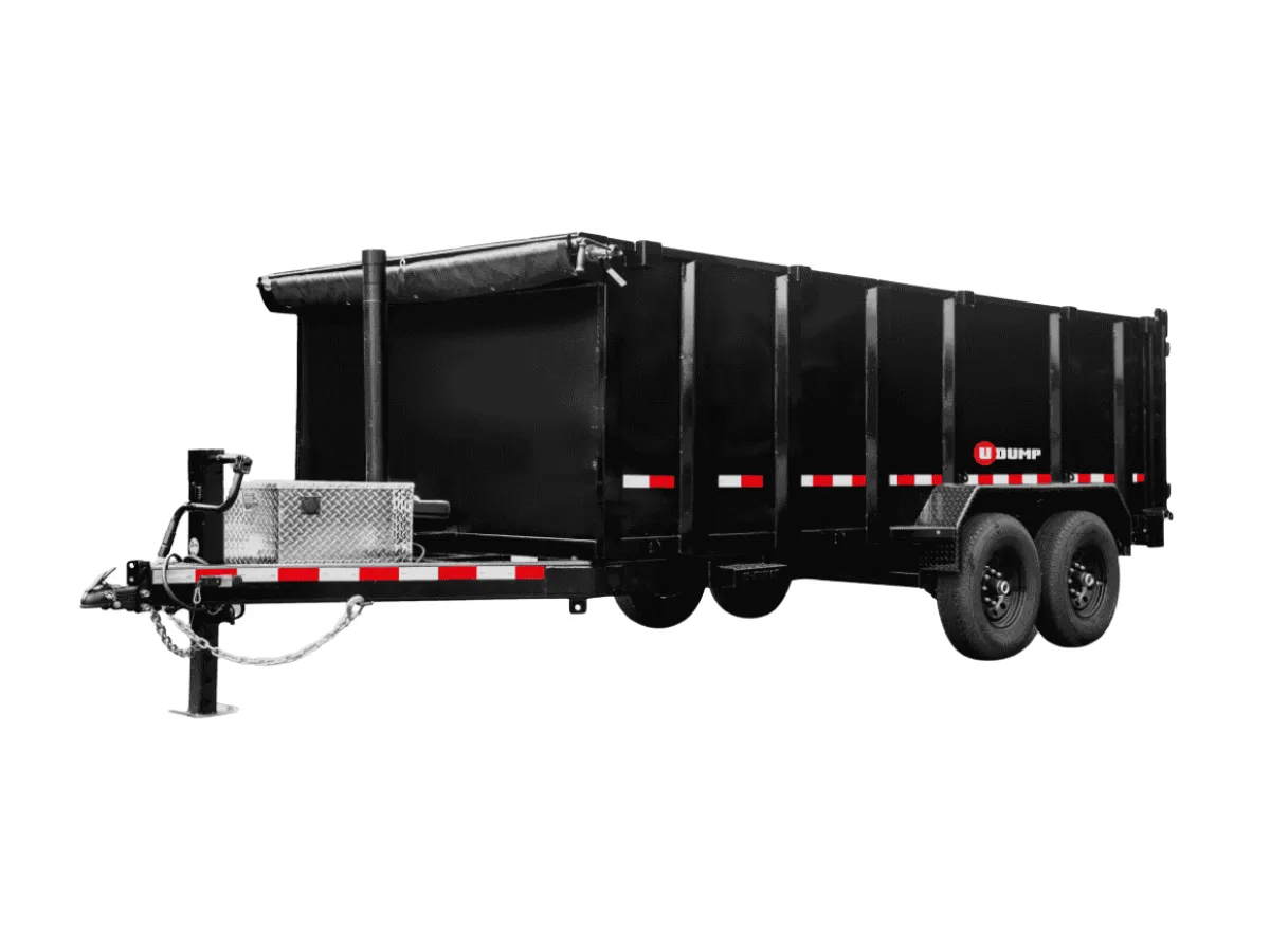 Black U-Dump tandem-axle dump trailer with tall side walls on a white background.