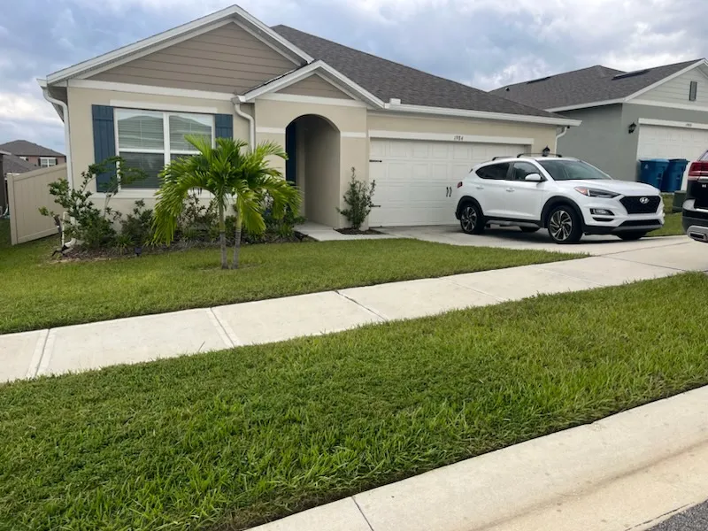 Maintained front lawn beside a residential driveway.