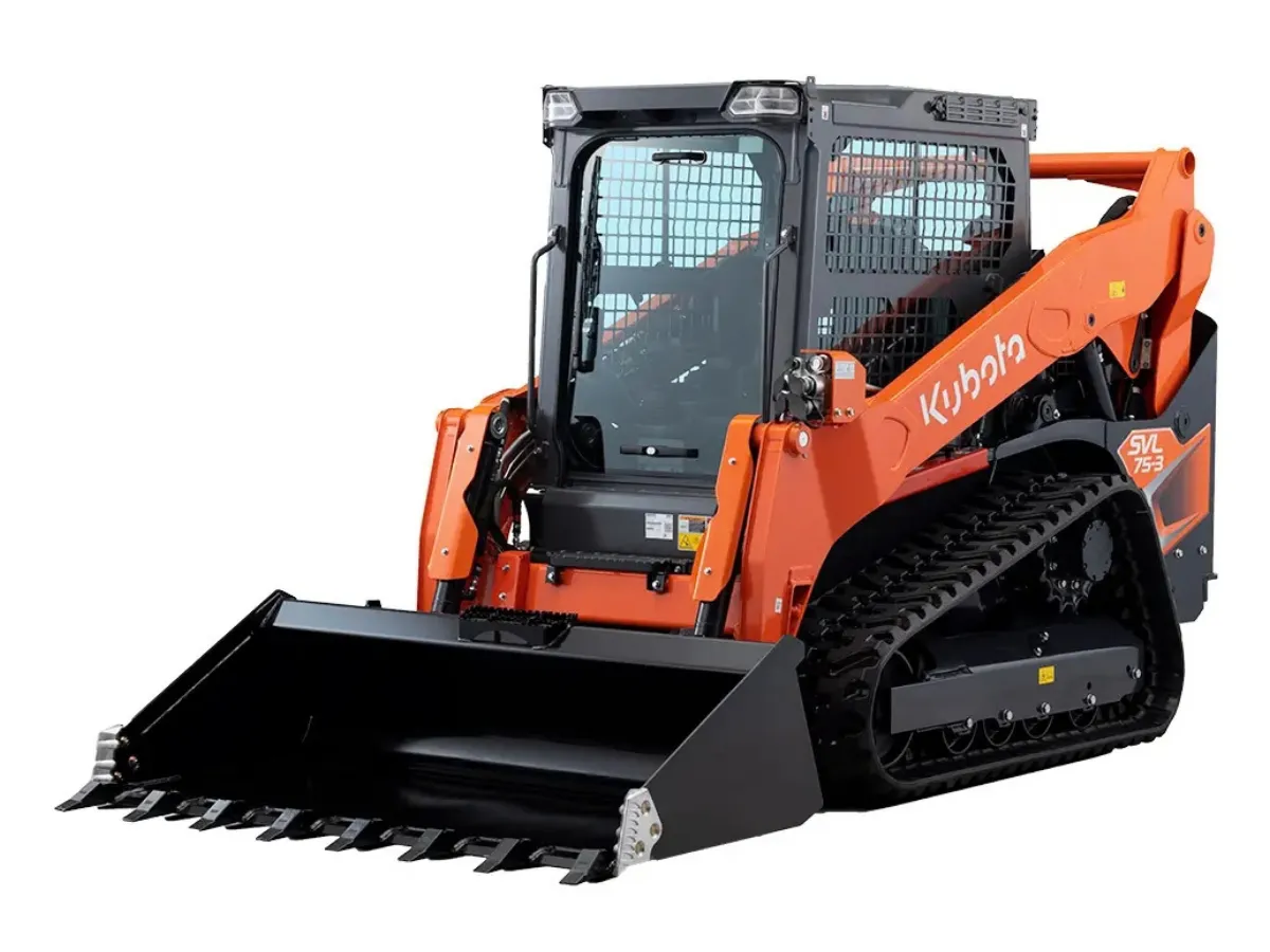 Orange Kubota SVL75-3 tracked skid steer with a front bucket on a white background.