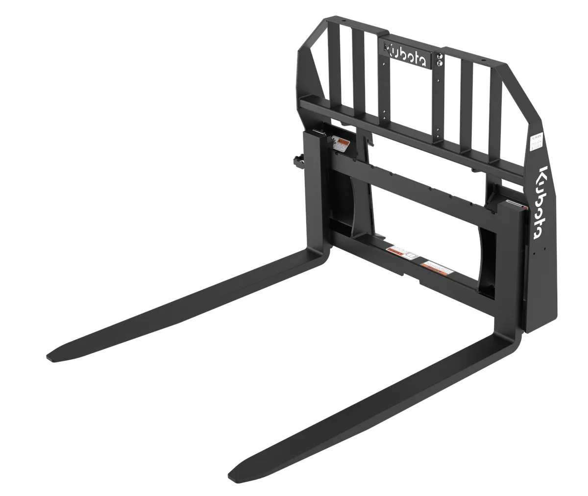 Black Kubota by Land Pride pallet fork attachment with two long tines and a tall rear guard on a white background.