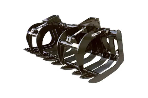 Black Kubota by Land Pride RG30 Series root grapple with curved tines and two upper jaws on a white background.